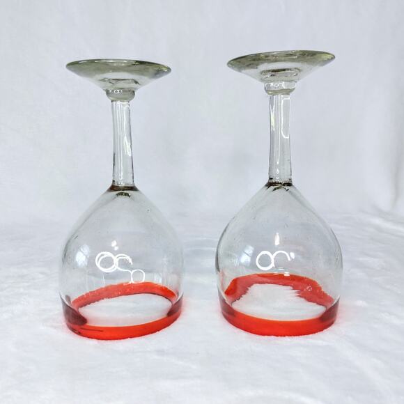 Hand Blown Mexican Wine Margarita Glasses Red Rim Set of 2 Water Goblet Balloon - Picture 5 of 12